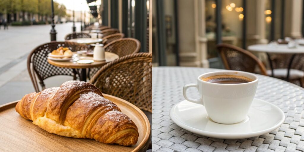 A French croissant and a Swiss Gipfeli side by side, highlighting the cultural differences with a Parisian café and Swiss breakfast setting