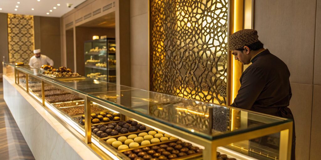 A high-end chocolate boutique in Dubai showcasing luxury chocolates with gold leaf, nuts, and saffron, elegantly packed in premium gift boxes