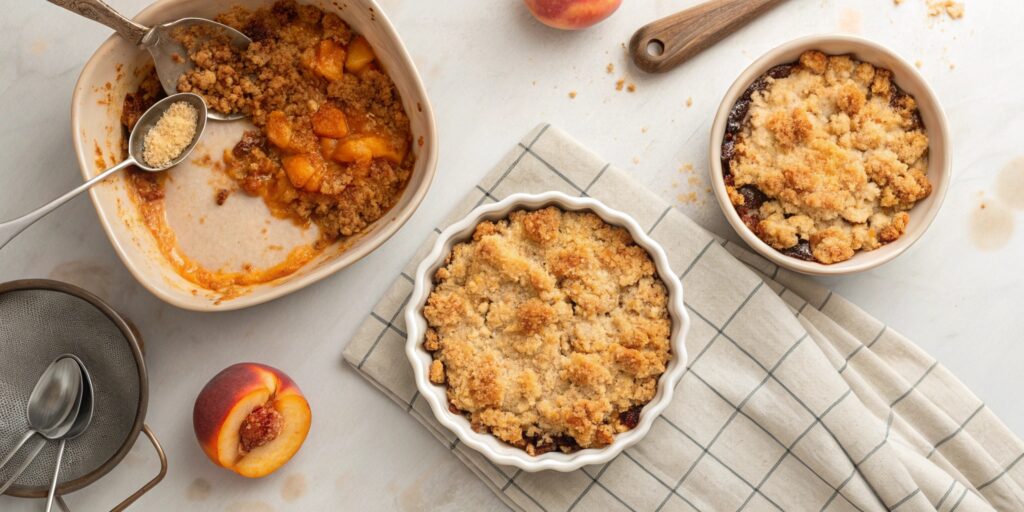 Three peach crumbles showing common mistakes: soggy filling, burnt topping, and undercooked crumble
