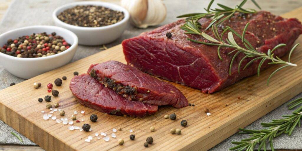 Close-up of a raw venison steak on a wooden cutting board, highlighting its rich red color and fresh texture