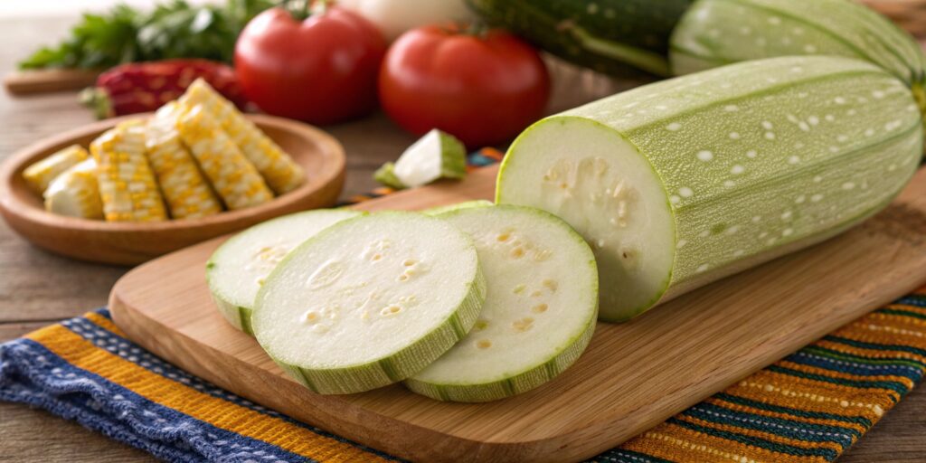 Close-up of fresh calabacita squash with speckled skin, surrounded by Mexican ingredients.
