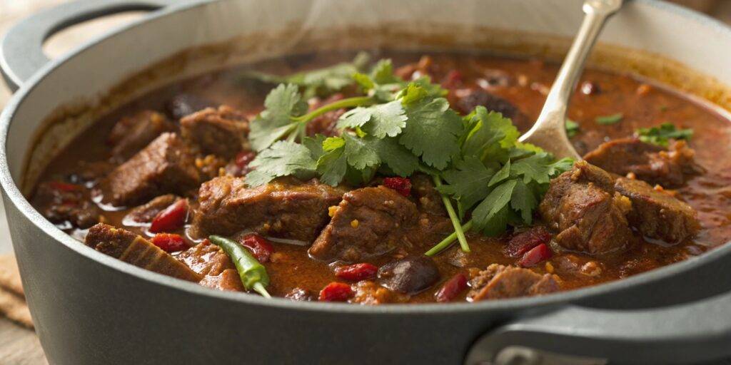 Close-up of a steaming pot of chili with tender beans and rich, flavorful sauce