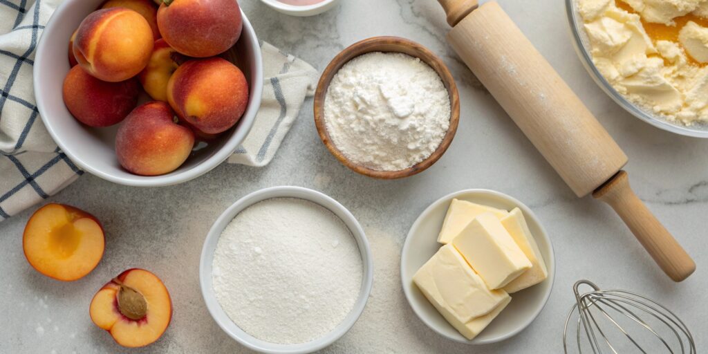 Baking essentials for making perfect peach cobbler with fresh ingredients.
