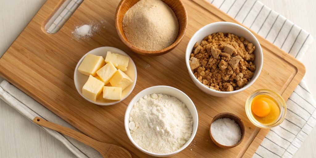 Basic crumble ingredients like flour, butter, and sugar laid out for baking.

