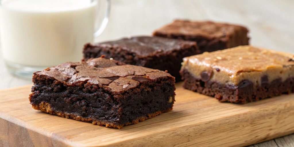 Three types of brownies—fudgy, chewy, and cakey—displayed with labels to show texture differences