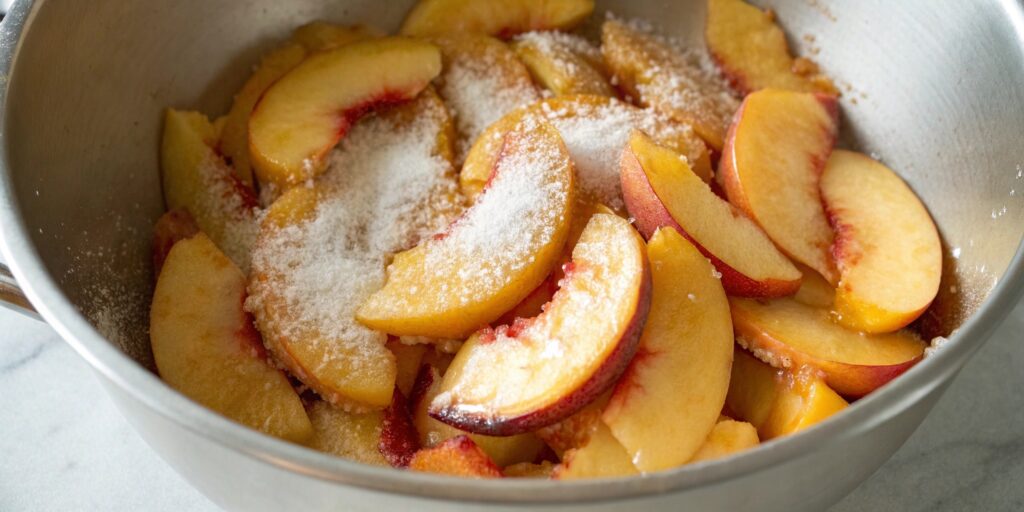 Sliced peaches releasing juice with sugar sprinkled on top before baking peach cobbler.
