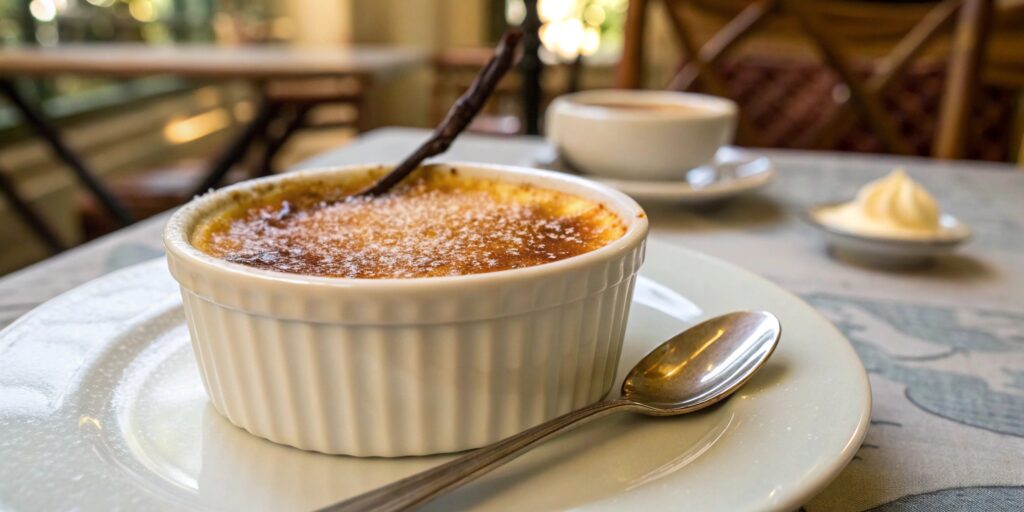 Historical perspective of crème brûlée – served in a French café with an old handwritten recipe and vanilla bean pod