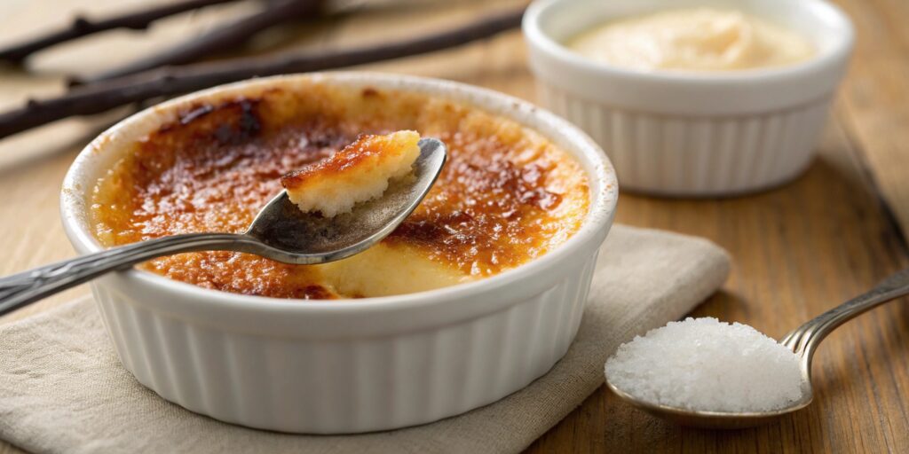 Classic crème brûlée with a golden caramelized sugar top, served in a white ramekin with a spoon revealing the creamy custard beneath