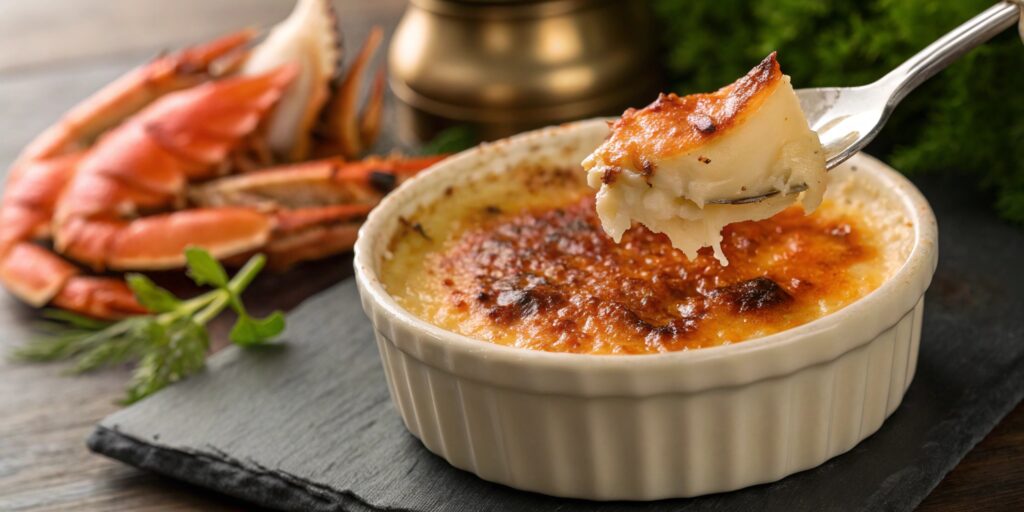 What is Crab Brulee? A savory seafood crème brûlée with a caramelized sugar crust and rich lump crab custard