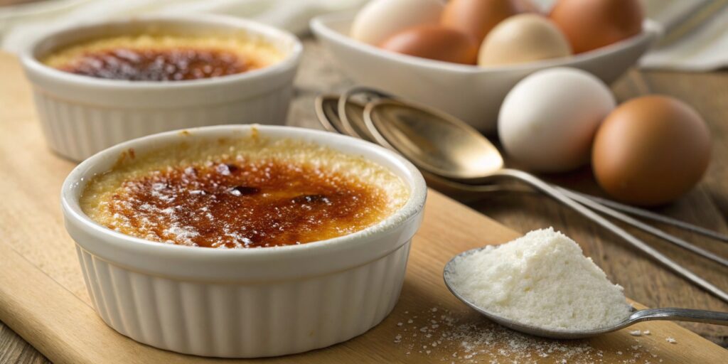 Classic crème brûlée in a white ramekin with a spoon cracking the caramelized sugar topping, surrounded by different ramekin sizes on a wooden counter