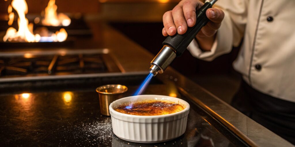A chef using a butane torch to caramelize the sugar on crème brûlée, with a visible blue flame creating a golden-brown, crispy crust