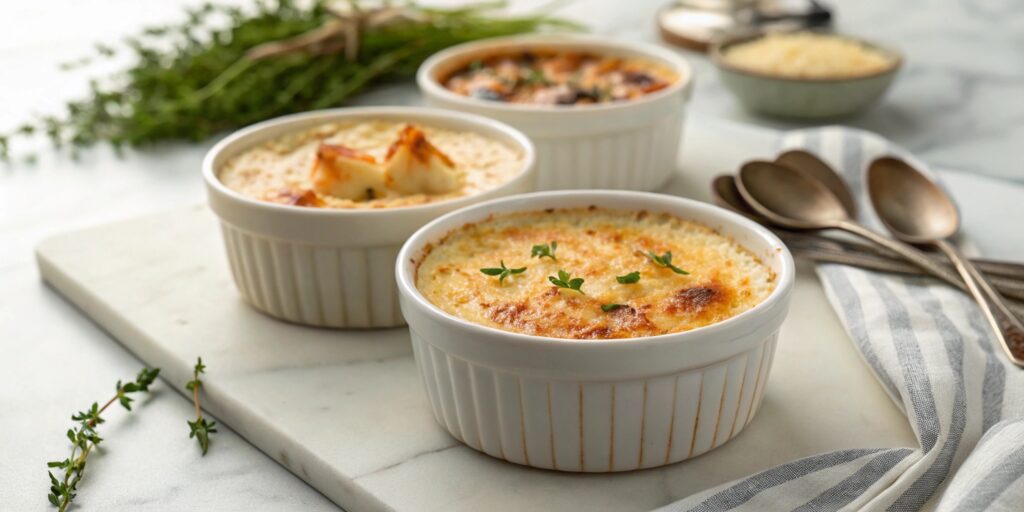 Crab Brulee for Special Diets – Keto, dairy-free, and gluten-free variations of savory crab brûlée in labeled ramekins