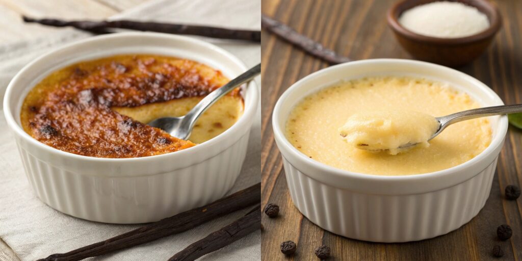 Crème brûlée vs. custard – side-by-side comparison of textures, with a caramelized sugar top on crème brûlée and a smooth surface on custard