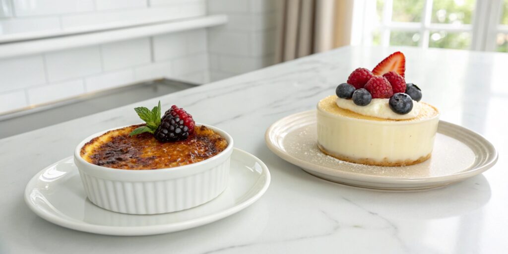 Side-by-side comparison of crème brûlée and custard, highlighting differences in texture, caramelization, and nutritional content.

