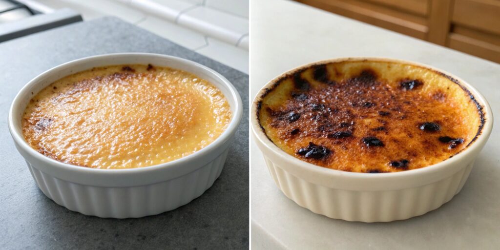 Side-by-side comparison of a perfect golden crème brûlée crust versus an unevenly burnt sugar topping, highlighting common mistakes in caramelization