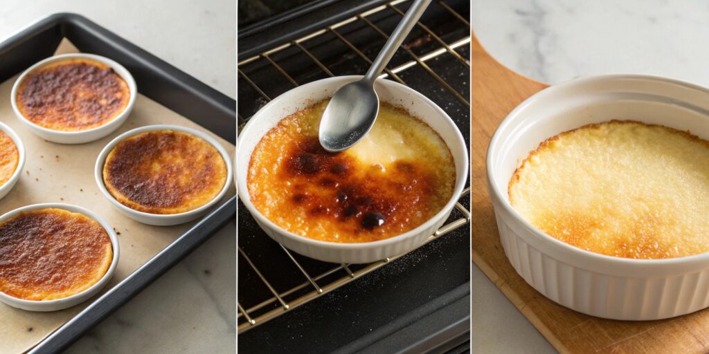Different methods to caramelize crème brûlée without a torch, including an oven broiler, a heated spoon, and an electric stovetop